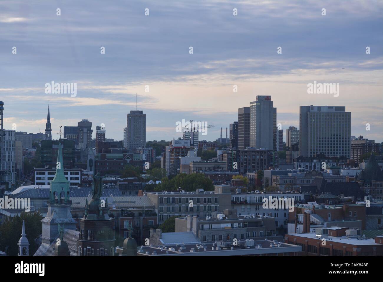 The Montreal Skyline as seen from La Grande Roue de Montréal, Vieux Port, Montreal, Quebec Stock Photo