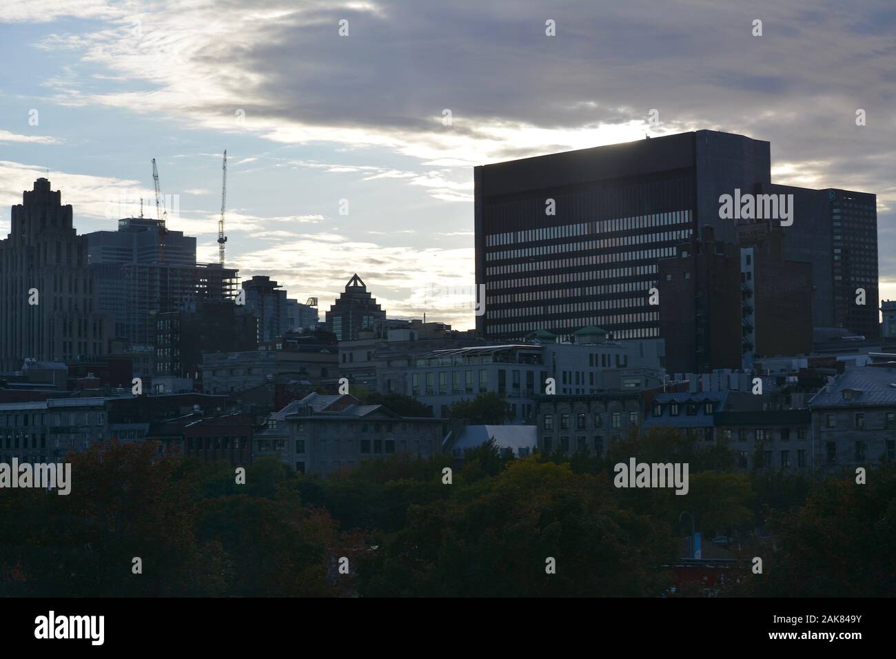 The Montreal Skyline as seen from La Grande Roue de Montréal, Vieux Port, Montreal, Quebec Stock Photo