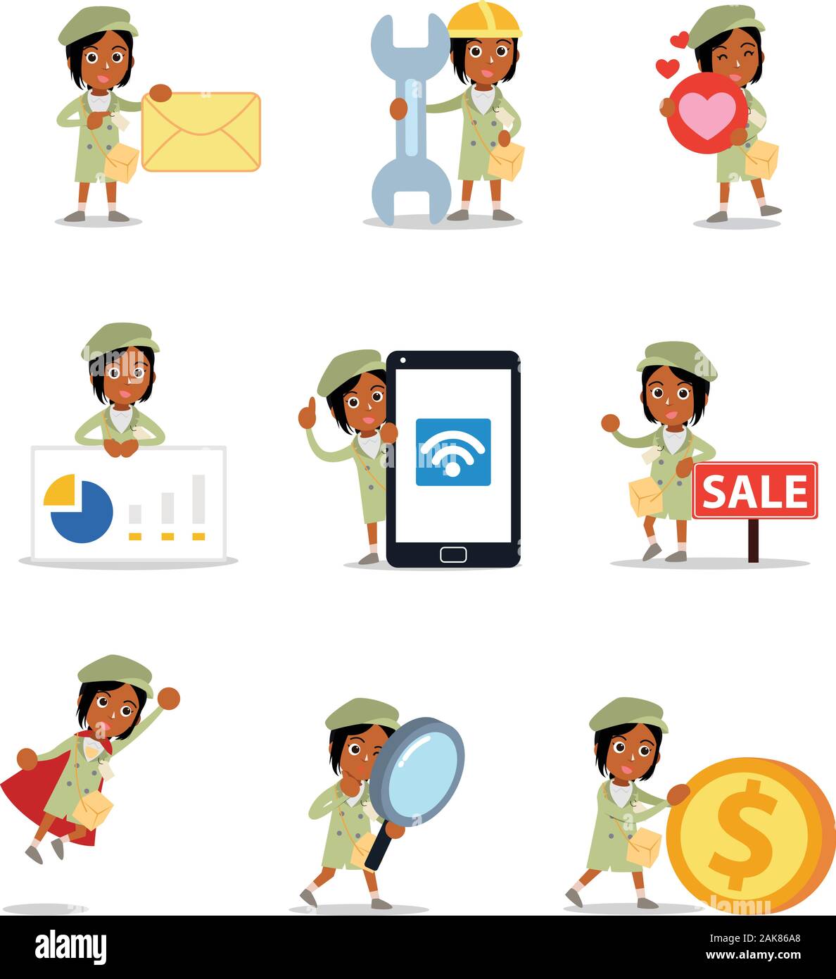 Set of evacuee woman character sharing food and clothes in the shelter