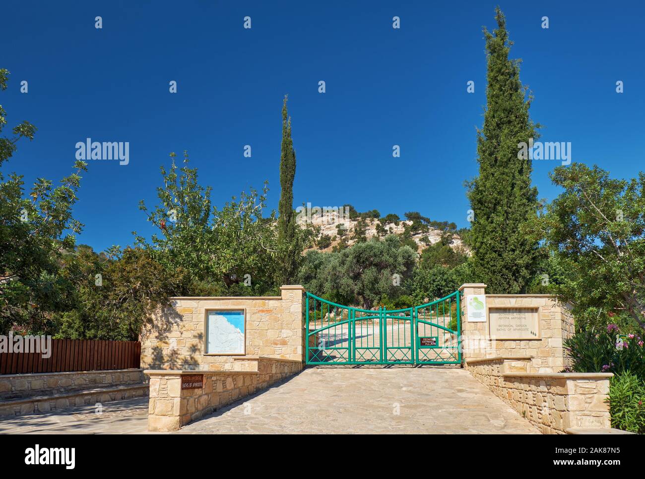 LATCHI, CYPRUS - JUNE 07, 2018: The gate of Botanical garden with Baths of Aphrodite  near village of Latchi on Akamas Peninsula.  Cyprus Stock Photo