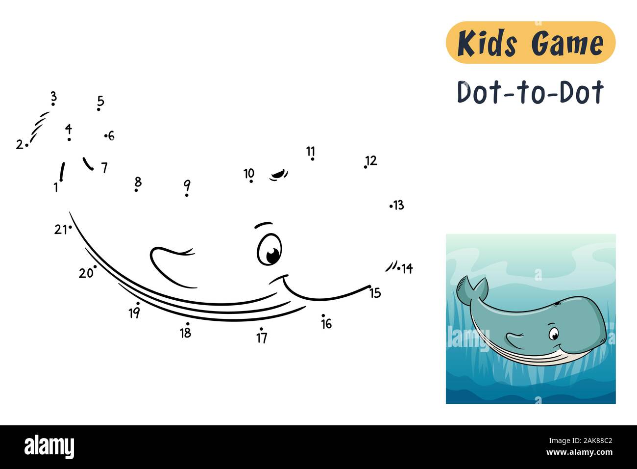 Connect the dots. Funny cartoon game for kids, with solution. Vector illustration with separate layers. Stock Vector
