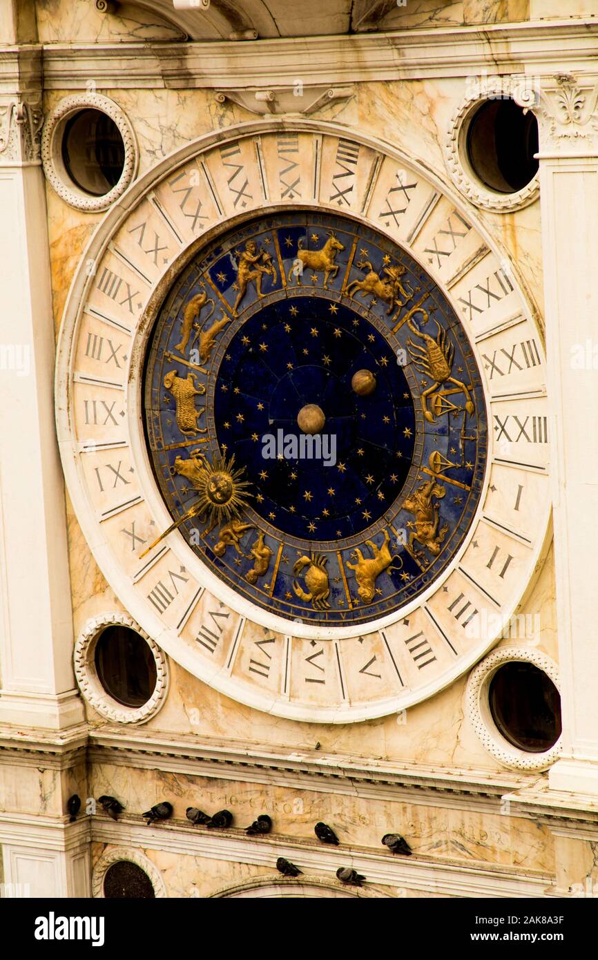 The tower clockface of Torre dell'Orologia in Venice Italy Stock Photo