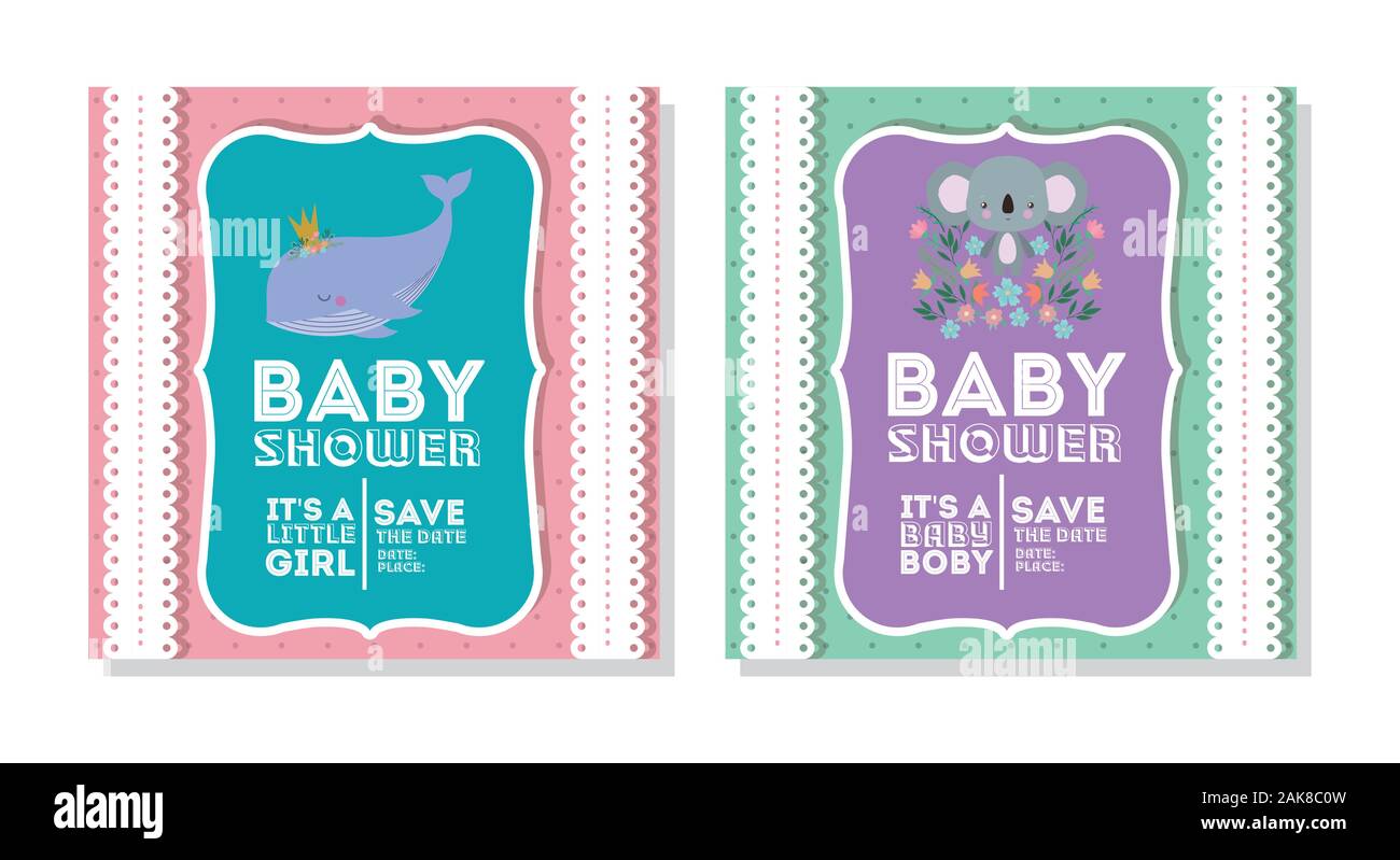 Baby shower invitation with whale and koala cartoon vector design Stock ...