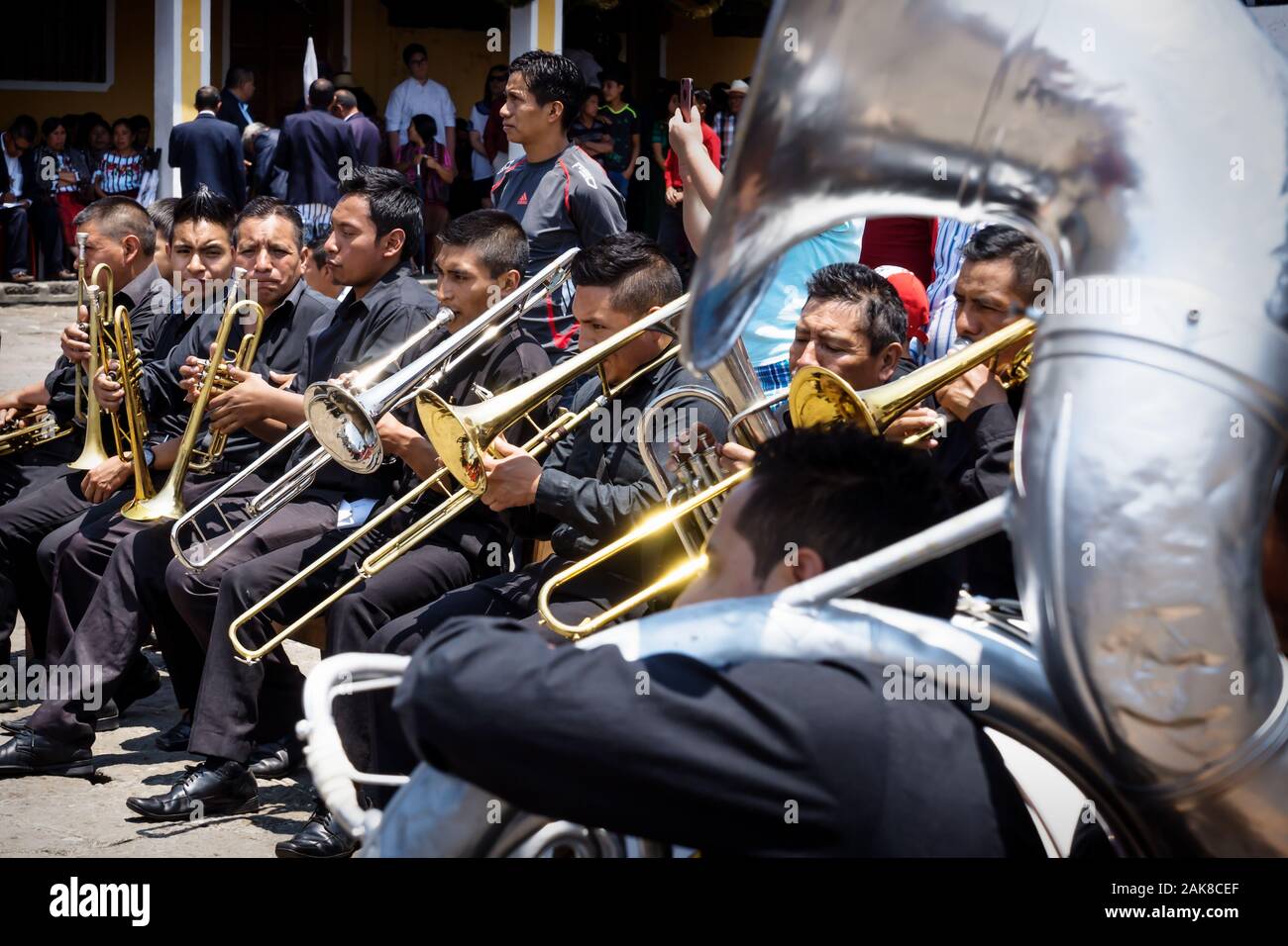 Santiago Atitlan, Guatemala - 30 March 2018: Brass band at the Saint James the Apostle church playing at the event for good Friday in Semana Santa, Ea Stock Photo