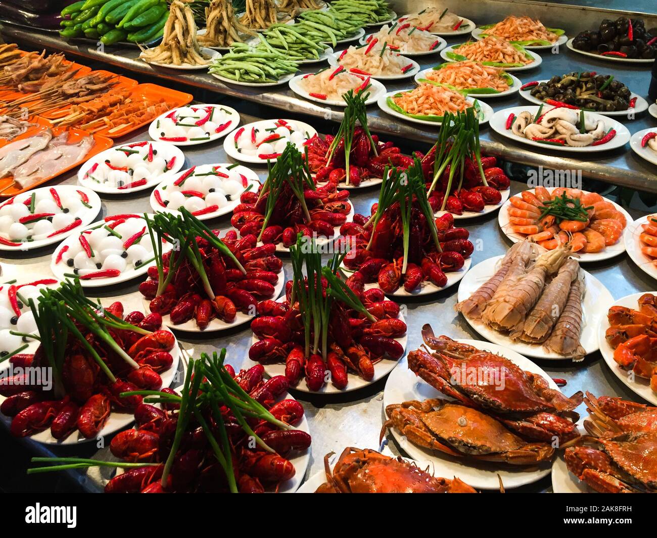 Seafood at Shilin Night Market in Taipei, Taiwan. Shilin is one of the most famous and largest night markets in Taiwan. Stock Photo