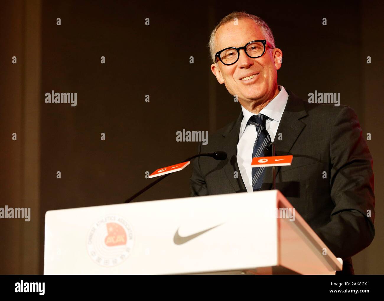Beijing China. 8th Jan 2020. Craig Masback the vice president of Nike Global Sports Marketing speaks during the China National Track and Field Team Official Partner Signing Ceremony between Chinese At...