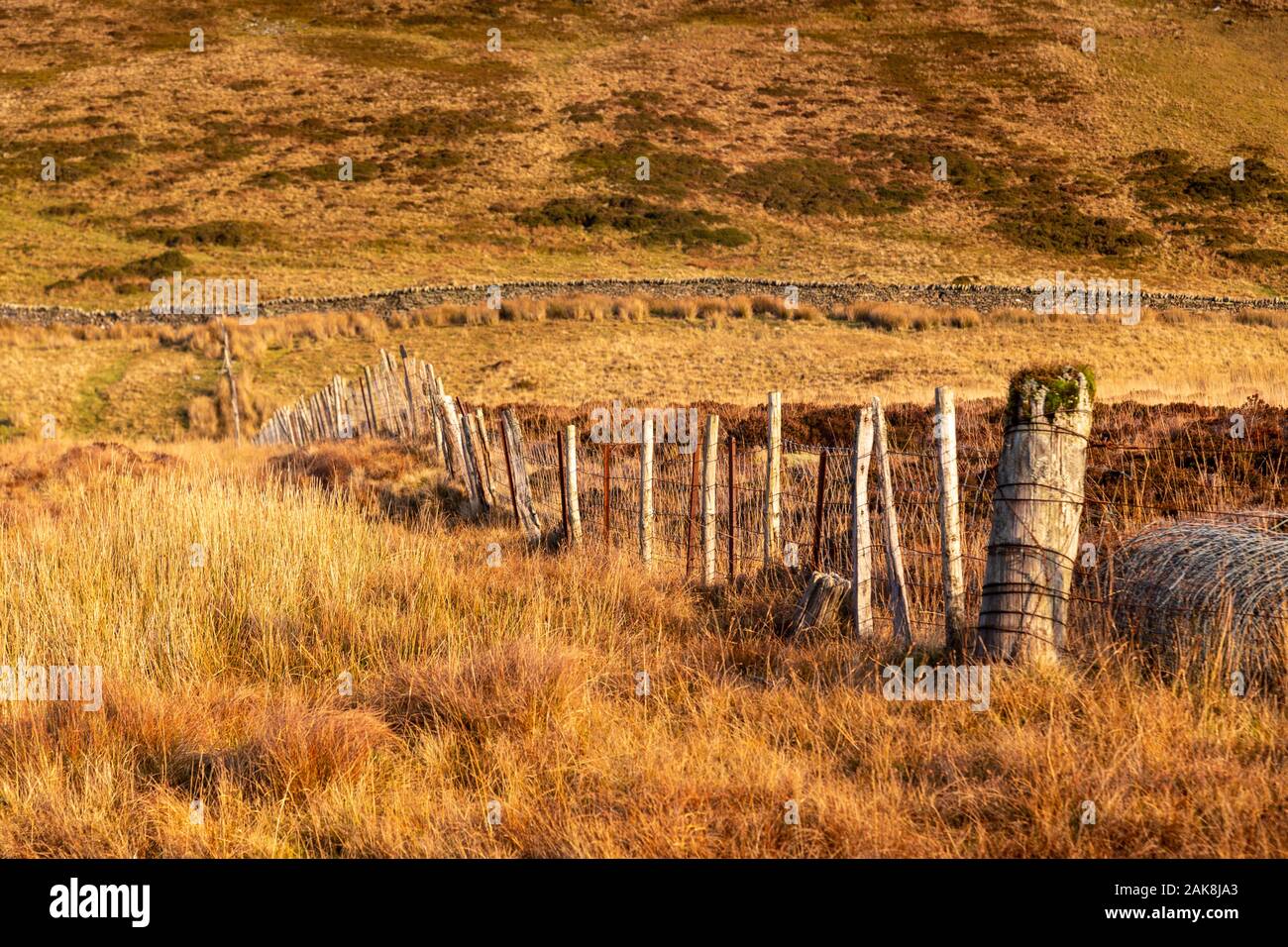 Fence in the Carneddau Mountains, Snowdonia, North Wales Stock Photo