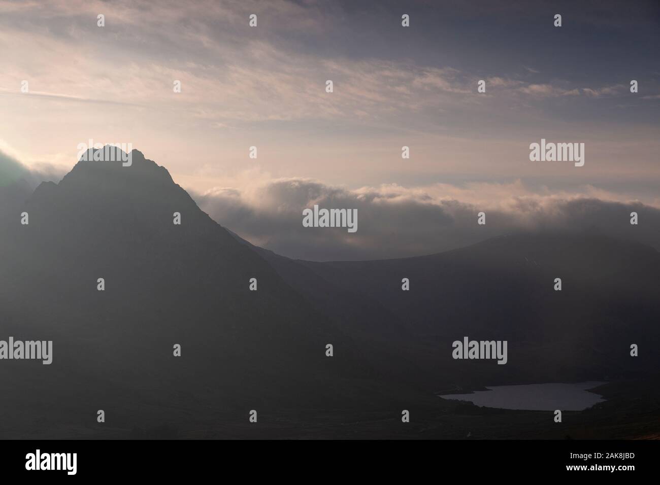 Tryfan mountain in silhouette, Snowdonia, North Wales Stock Photo