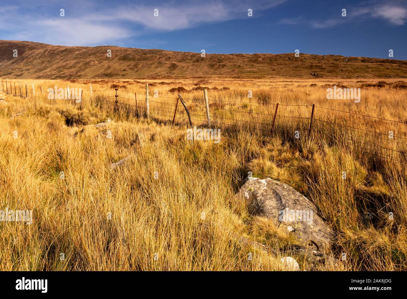 Fence in the Carneddau Mountains, Snowdonia, North Wales Stock Photo