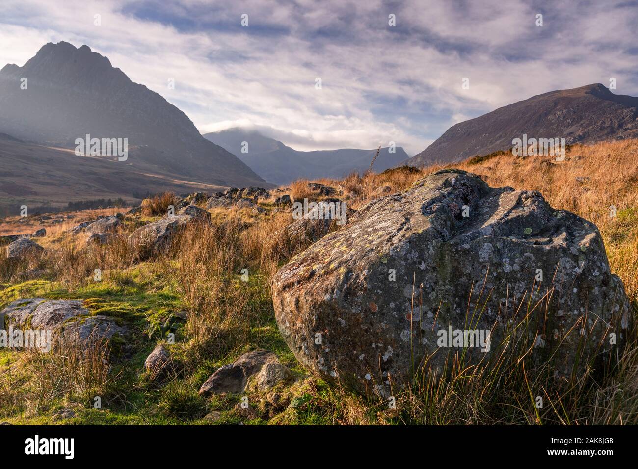 Boulder in the Ogwen Valley, Snowdonia, North Wales Stock Photo