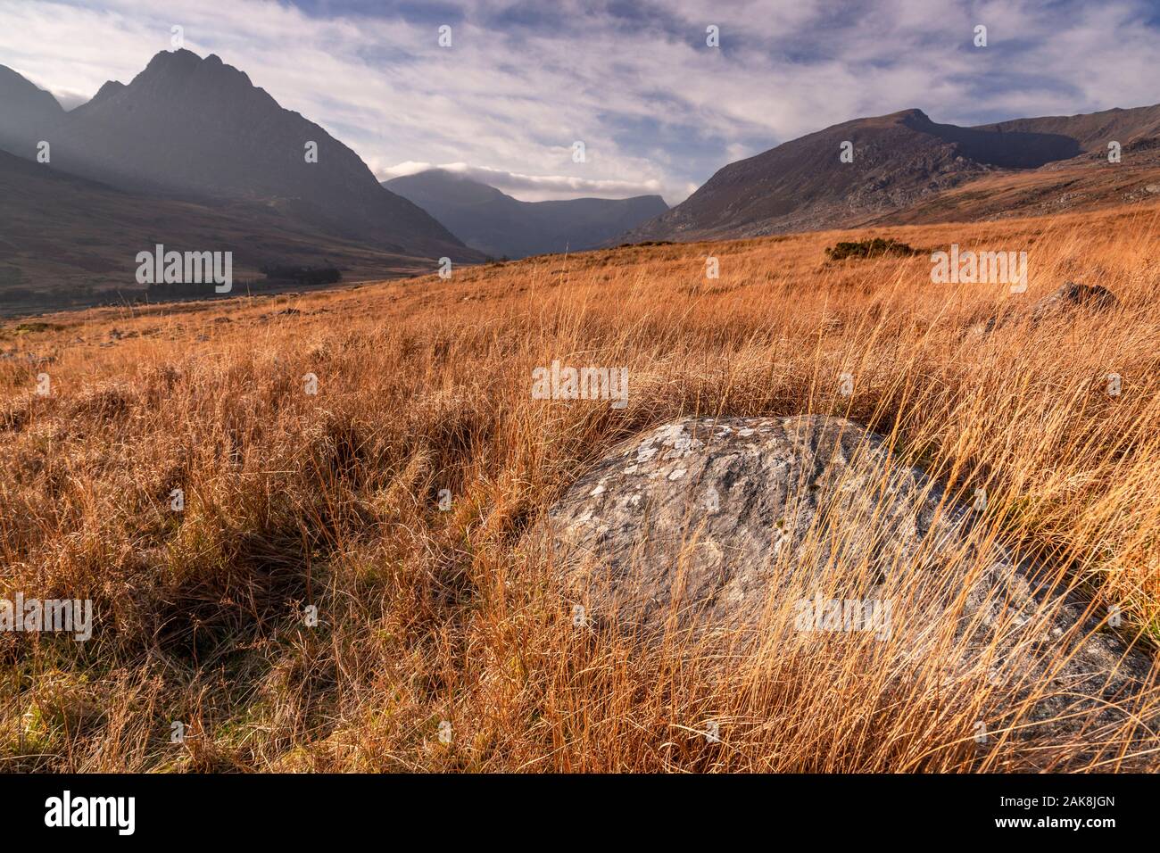 Boulder in the Ogwen Valley, Snowdonia, North Wales Stock Photo