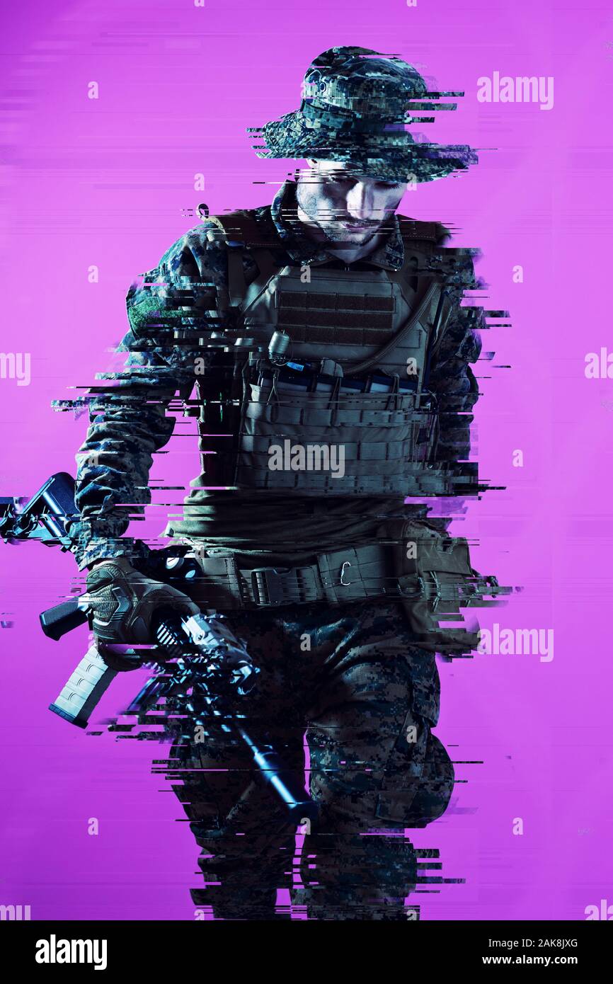 American Marine Corps Special Operations Soldier With Fire Arm Weapon And Protective Army Tactical Gear With Glitch Computer Error Effect Stock Photo Alamy