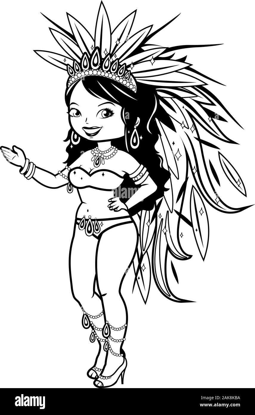 Exotic carnival dancer woman. Vector black and white coloring page Stock Vector