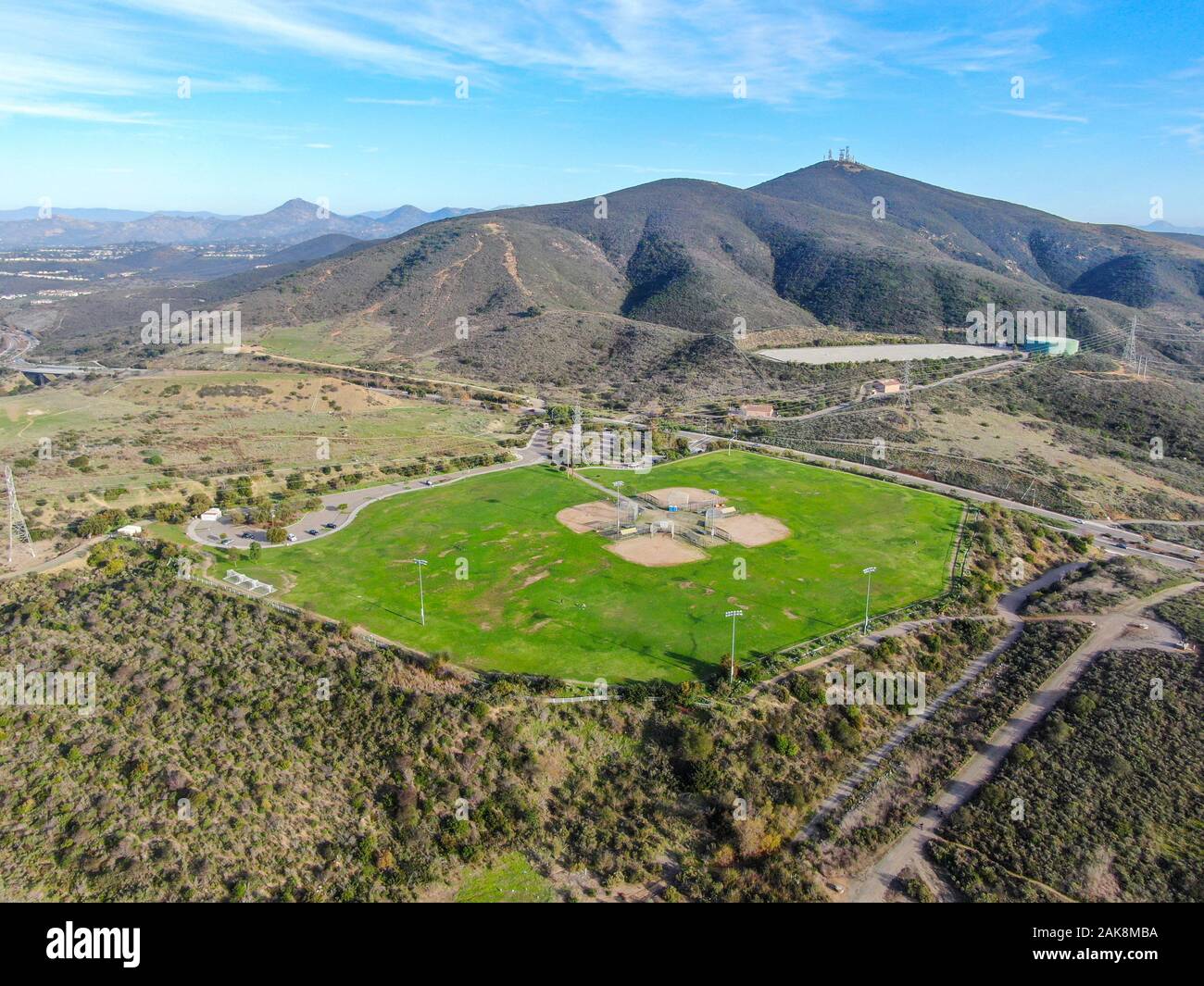 Aerial top view of Community park baseball sports field. Black Mountain