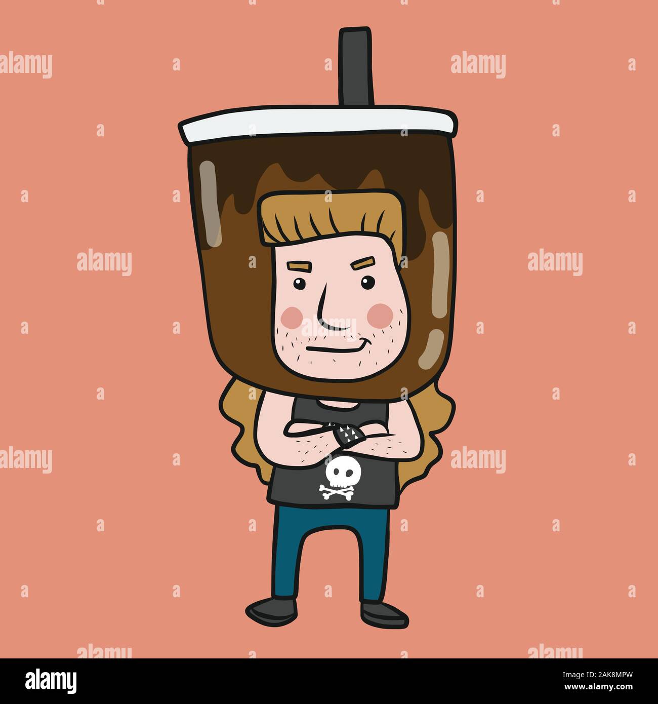 Man with big ice chocolate cup on head cartoon vector illustration Stock Vector