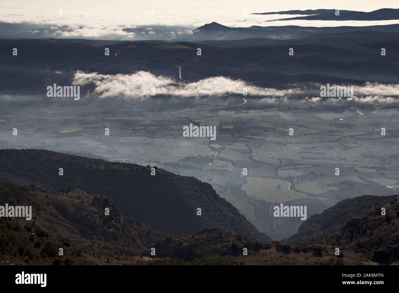 Mists in plain of Ager below Montsec, Catalunya Spain Stock Photo