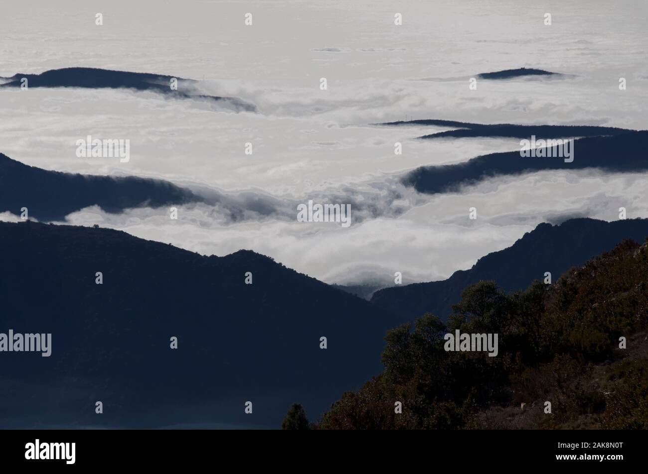Mists in plain of Ager below Montsec, Catalunya Spain Stock Photo