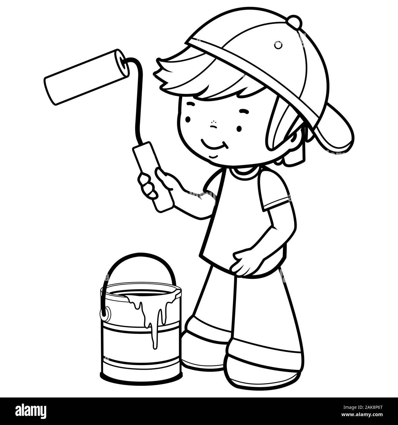 Boy painting with a paint roller and a paint bucket. Black and white coloring page. Stock Photo