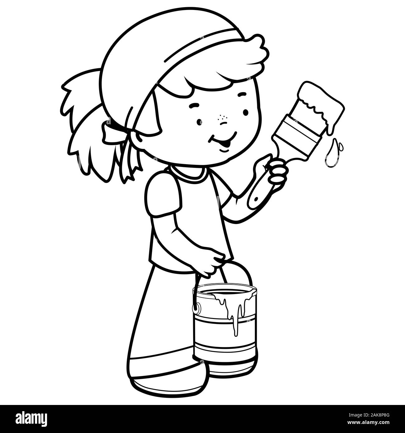 Girl painting with a paint brush and holding a paint bucket. Black and white coloring page. Stock Photo