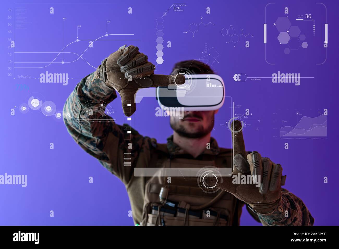 modern warfare futuristic soldier using vr virtual reality glasses on  purple backgroun as concept of artificial intelience on hud screen display  Stock Photo - Alamy