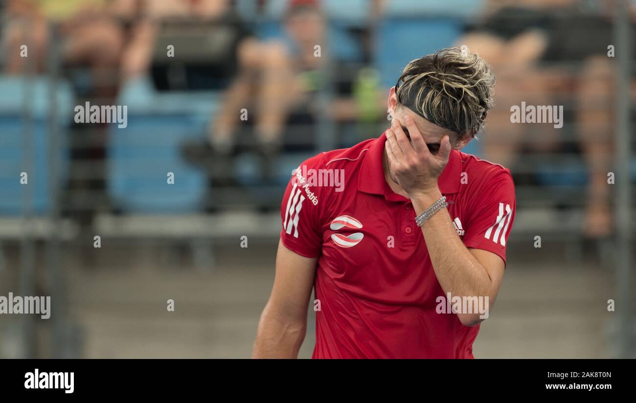 Perth, Australia. 08th Jan, 2020. Dominic Thiem of Austria reacts during the ATP Cup Group E match against Hubert Hurkacz of Poland in Sydney, Australia, on Jan