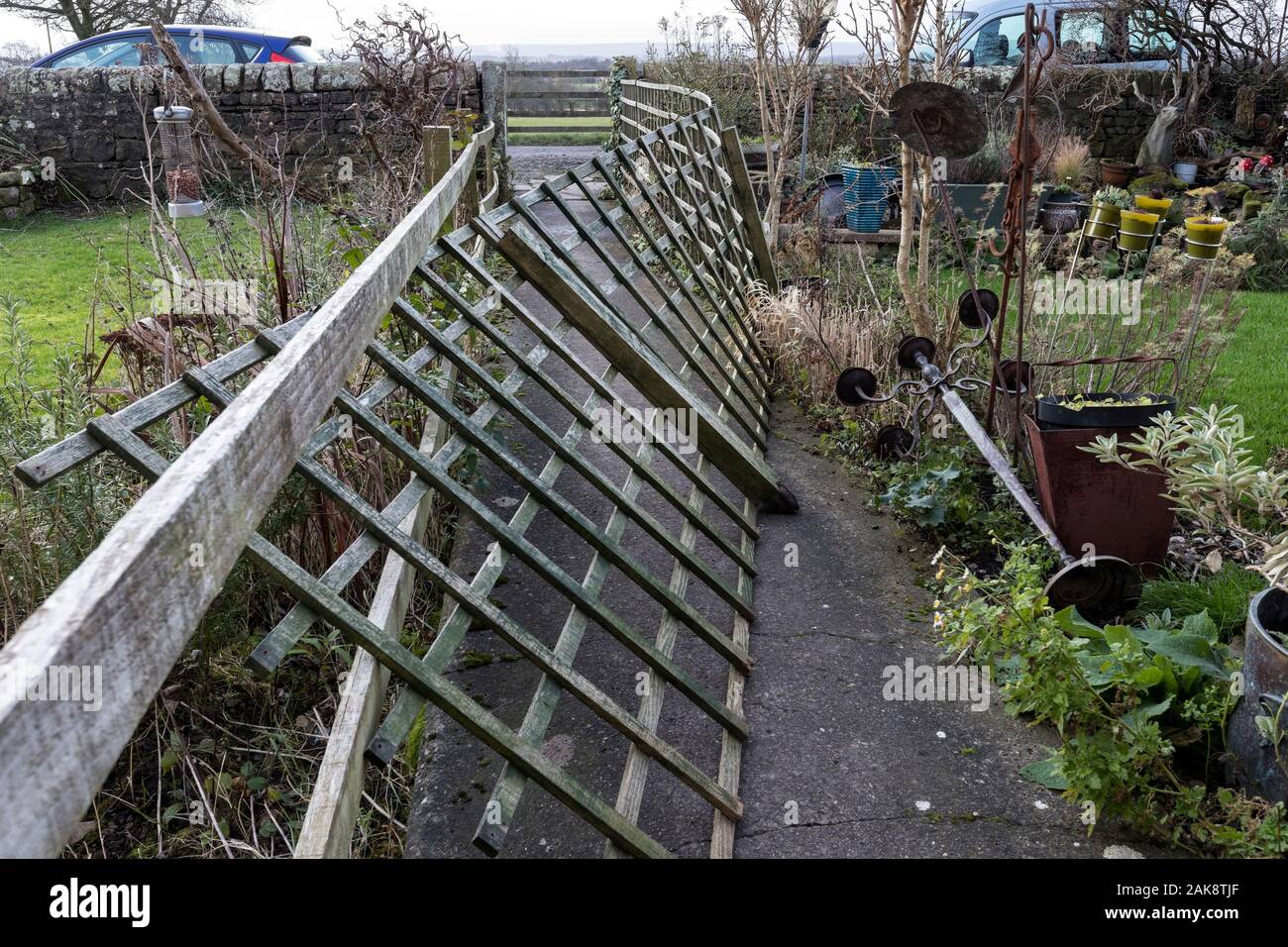Teesdale, County Durham, UK.  8th January 2020. UK Weather.  Damage to a garden after gale force winds hit Northeast England overnight. Credit: David Forster/Alamy Live News Stock Photo