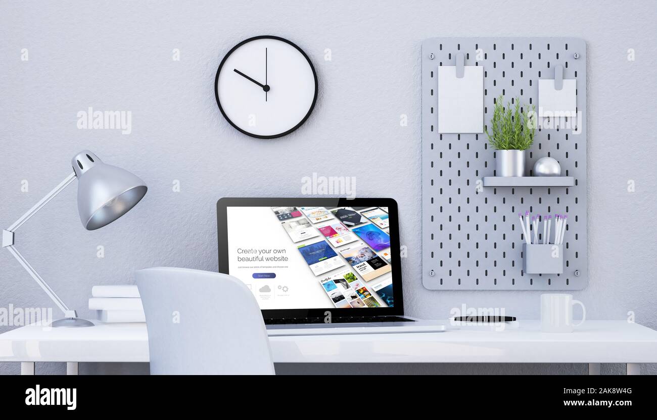 minimalist graphic design studio with laptop shoing web design 3d rendering Stock Photo