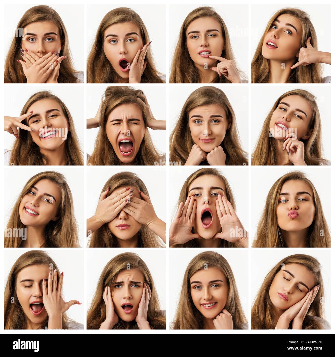 collage of portraits of beautiful woman with different positive and ...