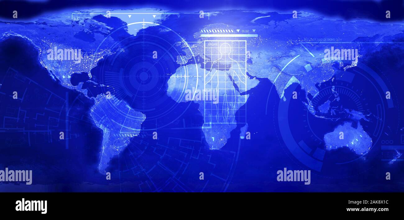 ARTIFICIAL INTELLIGENCE futuristic  concept. Global communications and networking. World map. Satellite outer space view.  Mixed media Stock Photo
