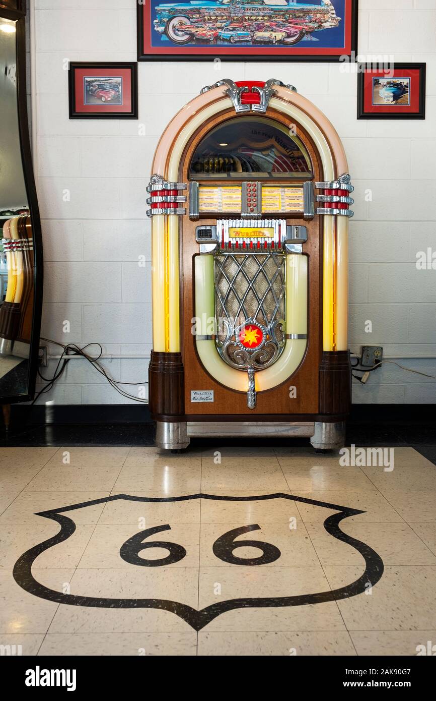 Wilmington, Illinois, USA - July 5, 2014: A jukebox machine at a diner along the route 66 in the city of Wilmington, Illinois, USA. Stock Photo