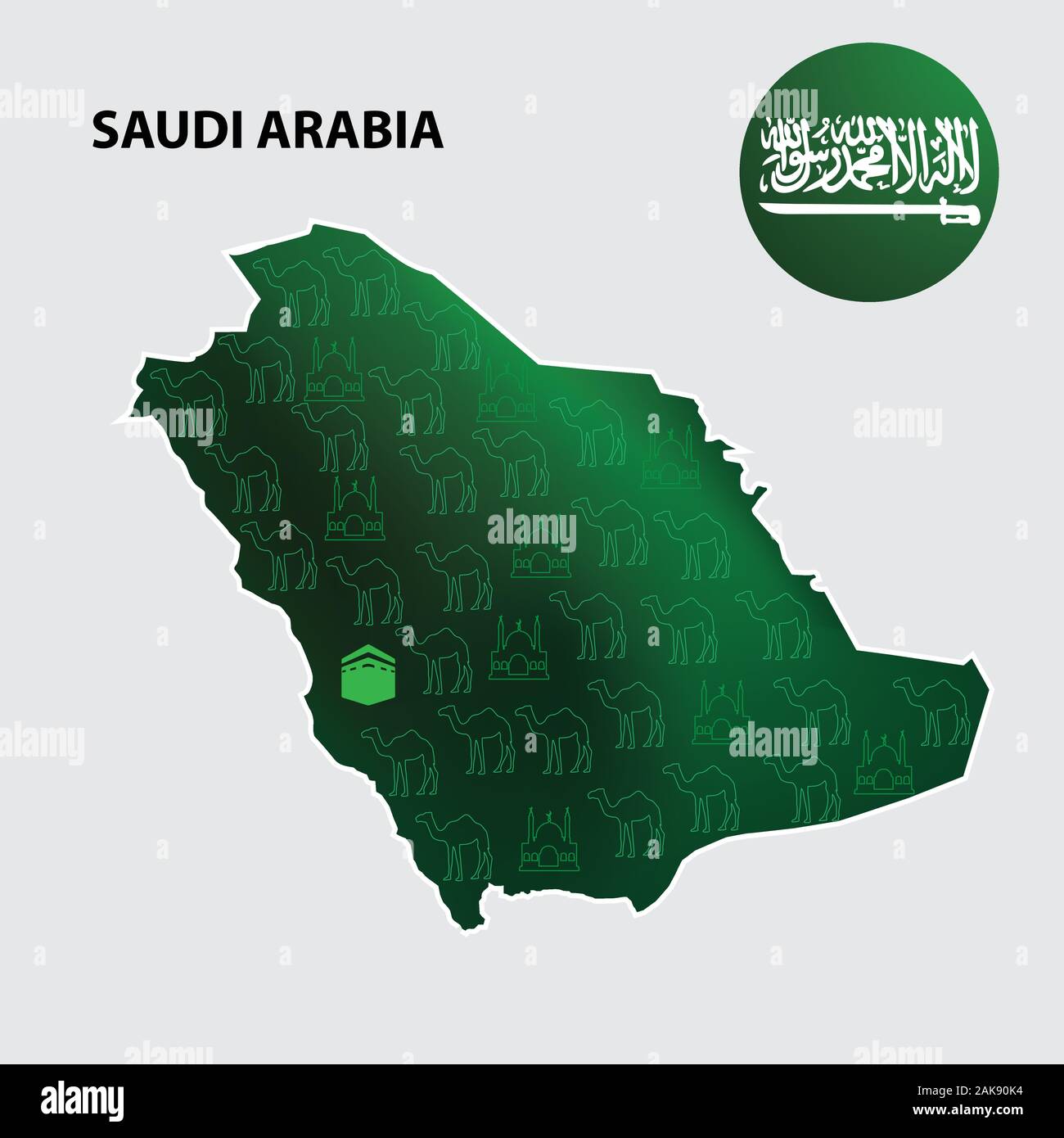 Saudi Arabia. map of Saudi Arabia with flag on Gry background. Stock Vector