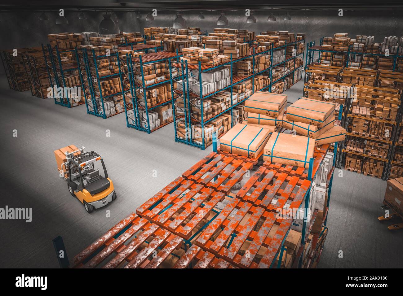 internal and top view of a distribution center in a warehouse full of packages and goods with forklift truck in action. 3d image. Logistics and produc Stock Photo