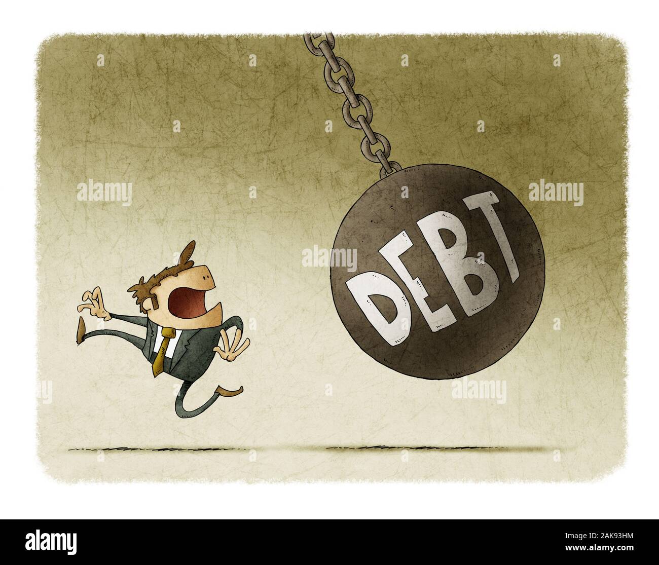 Businessman runs because a big ball with the word debt is going to hit him Stock Photo
