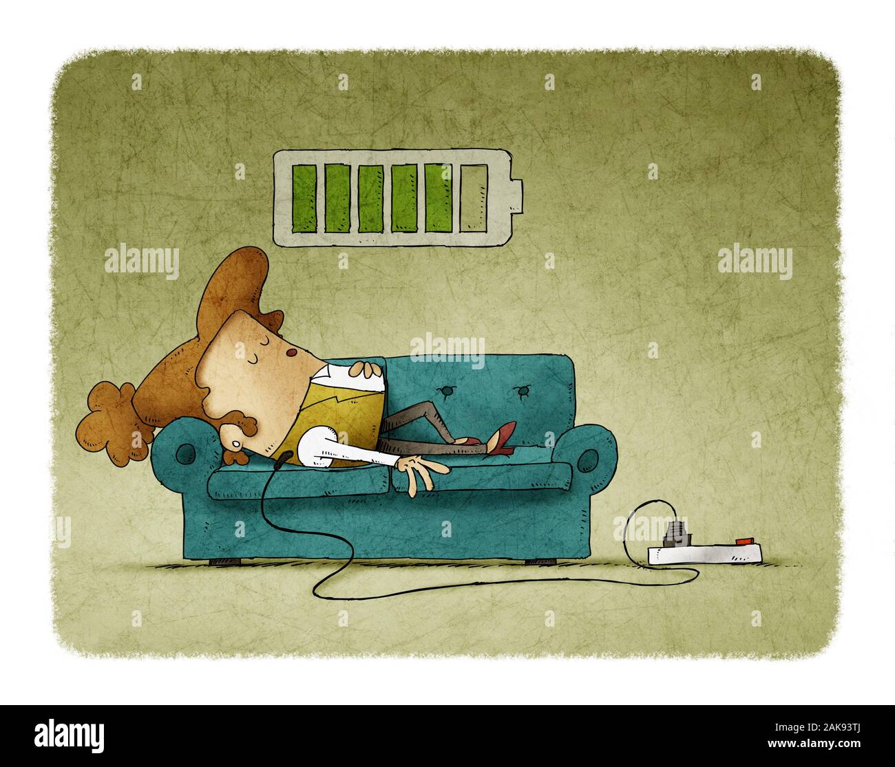 Illustration of a businesswoman on the sofa is connected to the power grid while recharging energy. Recharge concept. Stock Photo