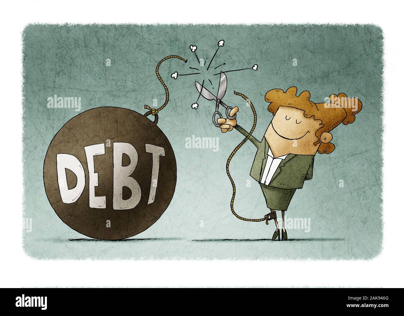 business woman cuts the rope with which she is tied to a ball with the word debt Stock Photo