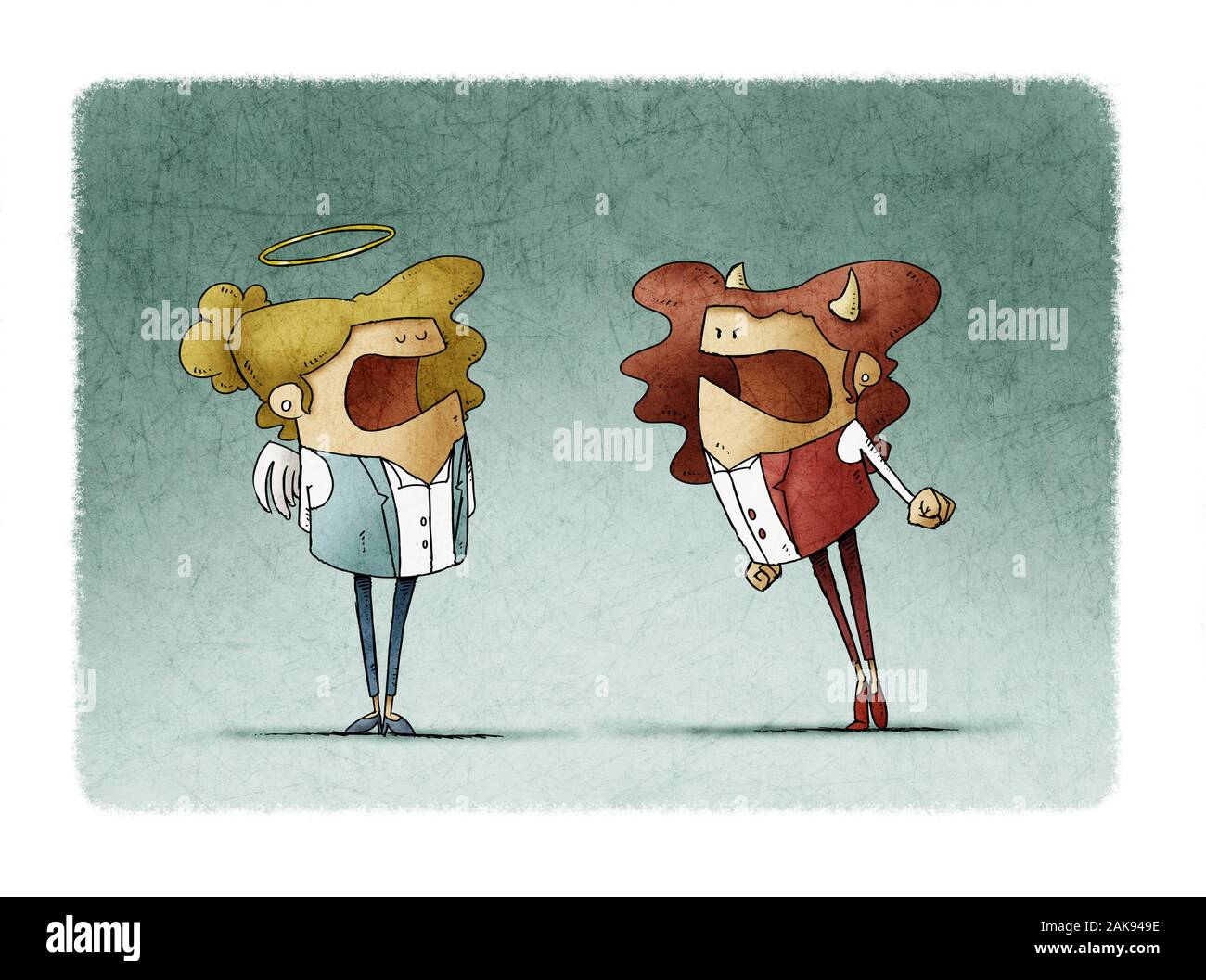 Female gender angel and devil are arguing. The devil is angry and the angel is calm. Stock Photo