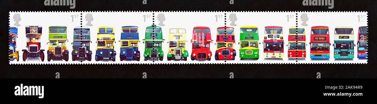 Postage stamps. Great Britain. Queen Elizabeth II. 150th Anniversary of First Double-decker Bus. Strip of 5 se-tenant stamps. 1st class. 2001. Stock Photo