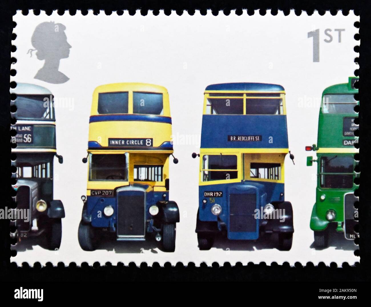 Postage stamp. Great Britain. Queen Elizabeth II. 150th Anniversary of First Double-decker Bus. 1st class. 2001. Stock Photo