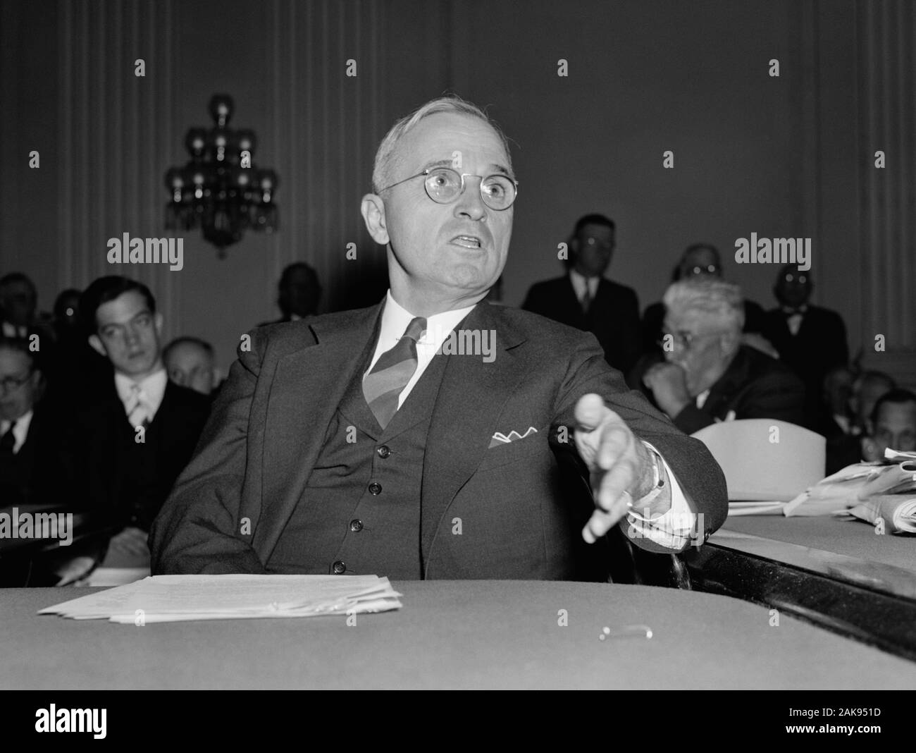 Vintage photo of Missouri Senator - and future President - Harry S Truman speaking at a meeting at the Capitol in Washington DC. Photo by Harris & Ewing taken on October 14 1938. Truman (1884 – 1972) would later become the 33rd US President (1945 – 1953). Stock Photo
