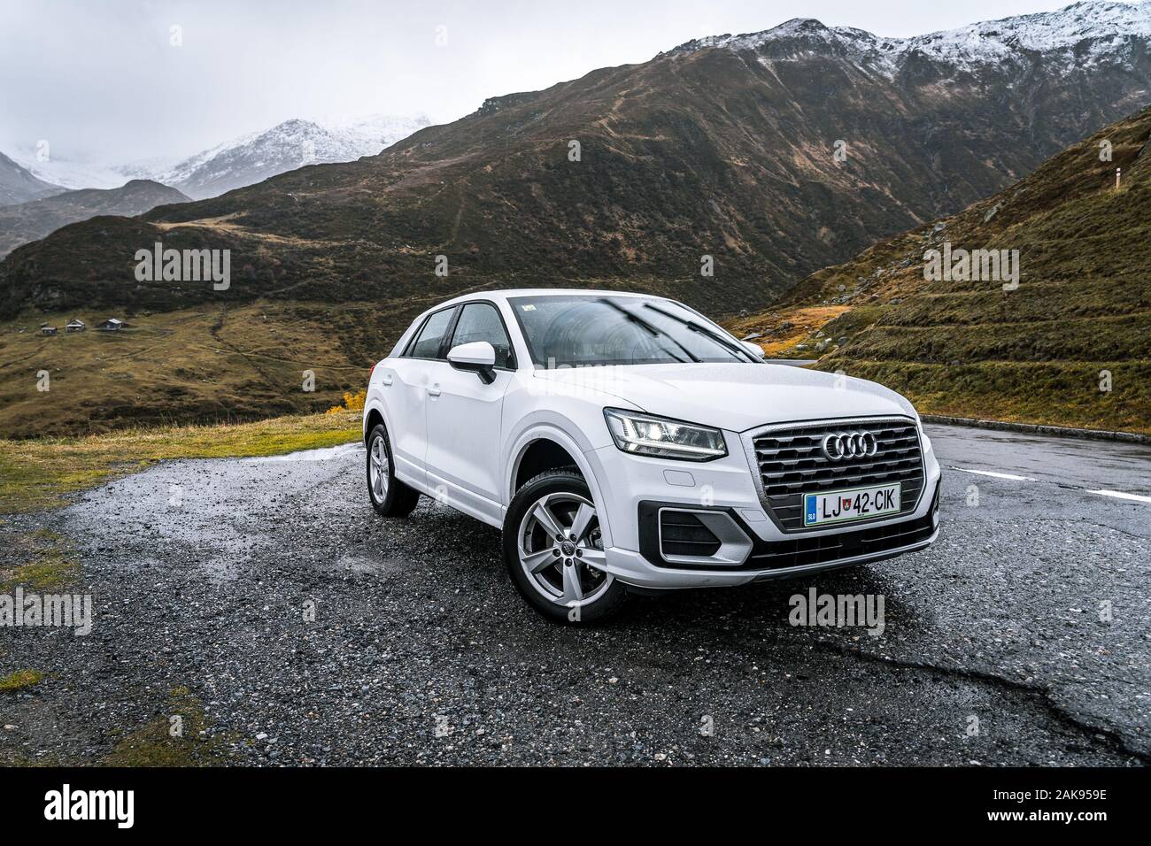 Furka Pass, Switzerland - Audi Q3 driven on Swiss roads Stock Photo