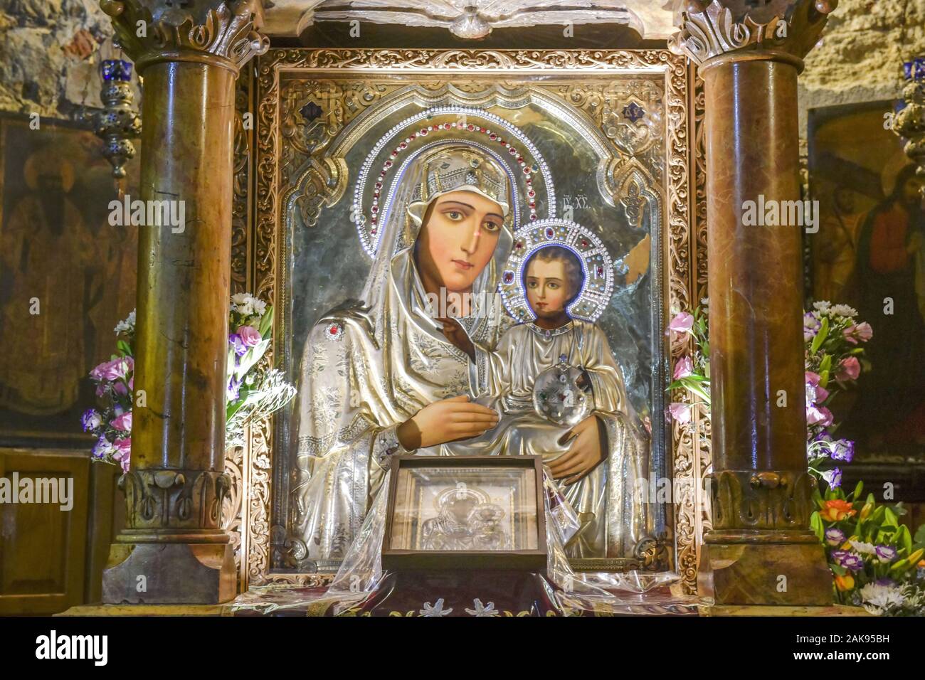Ikone der Gottesmutter, Mariengrab, Ölberg, Jerusalem, Israel Stock Photo