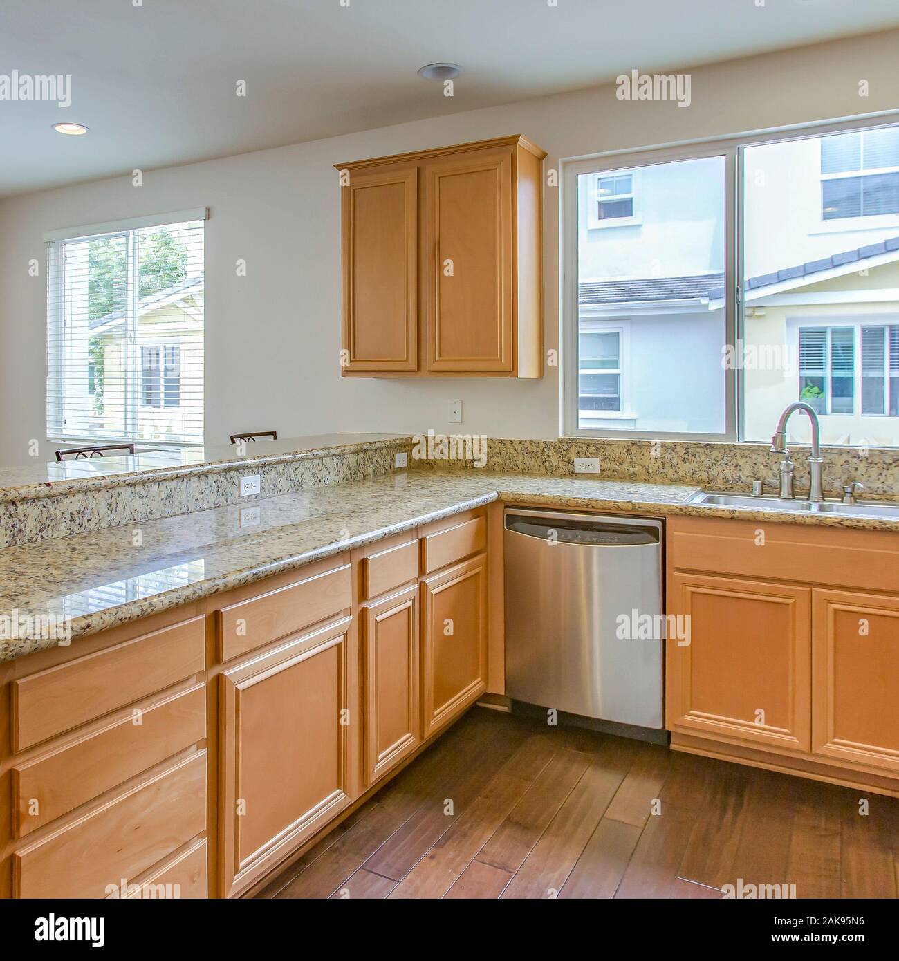Square Warm Kitchen With Wood Floors Clean Inside Stock Photo