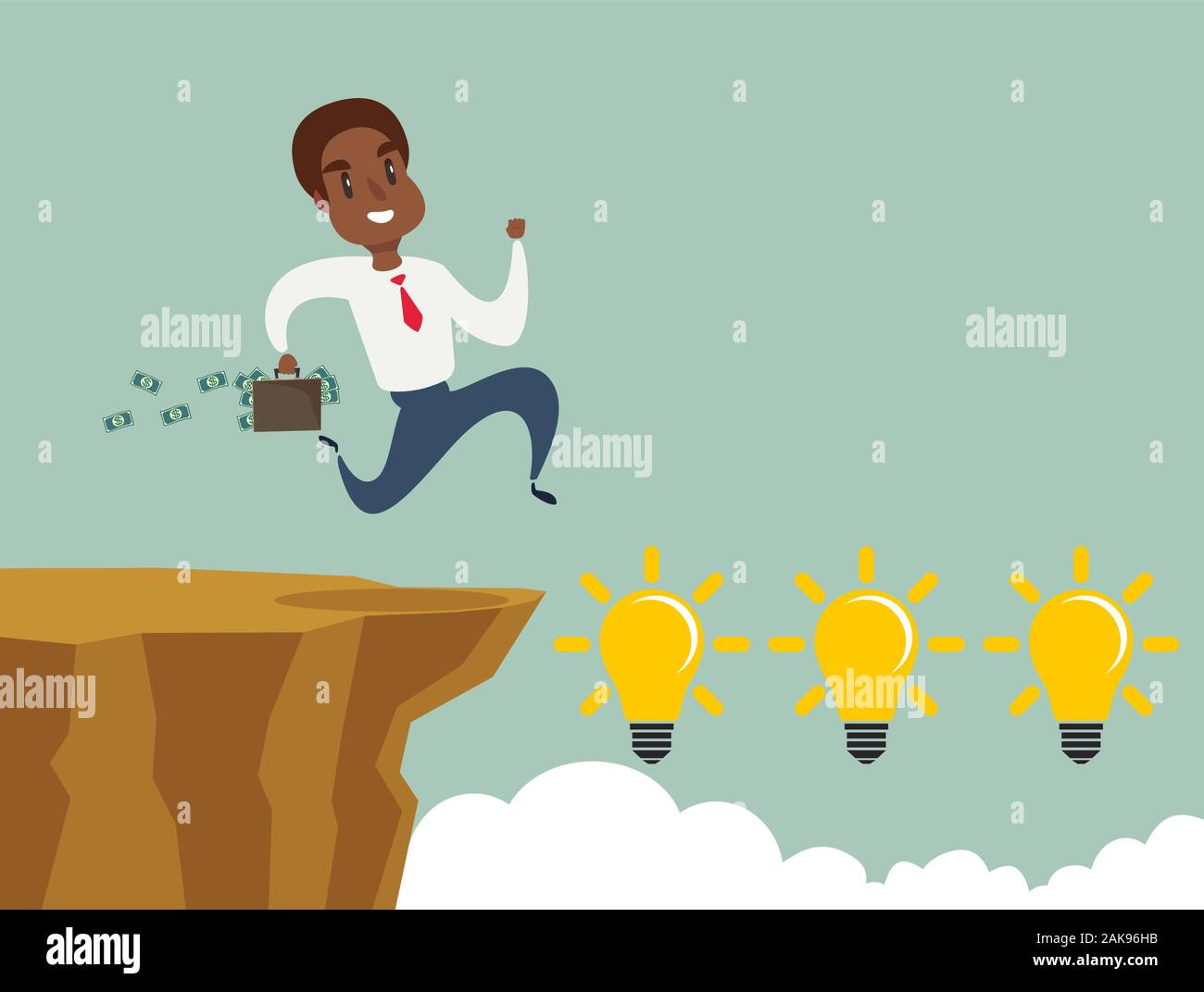 black african american businessman running and jump over cliff gap to success, overcome the difficulty, Business concept Stock Vector