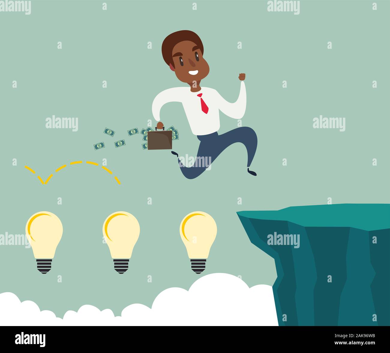 black african american businessman running and jump over cliff gap to success, overcome the difficulty, Business concept Stock Vector