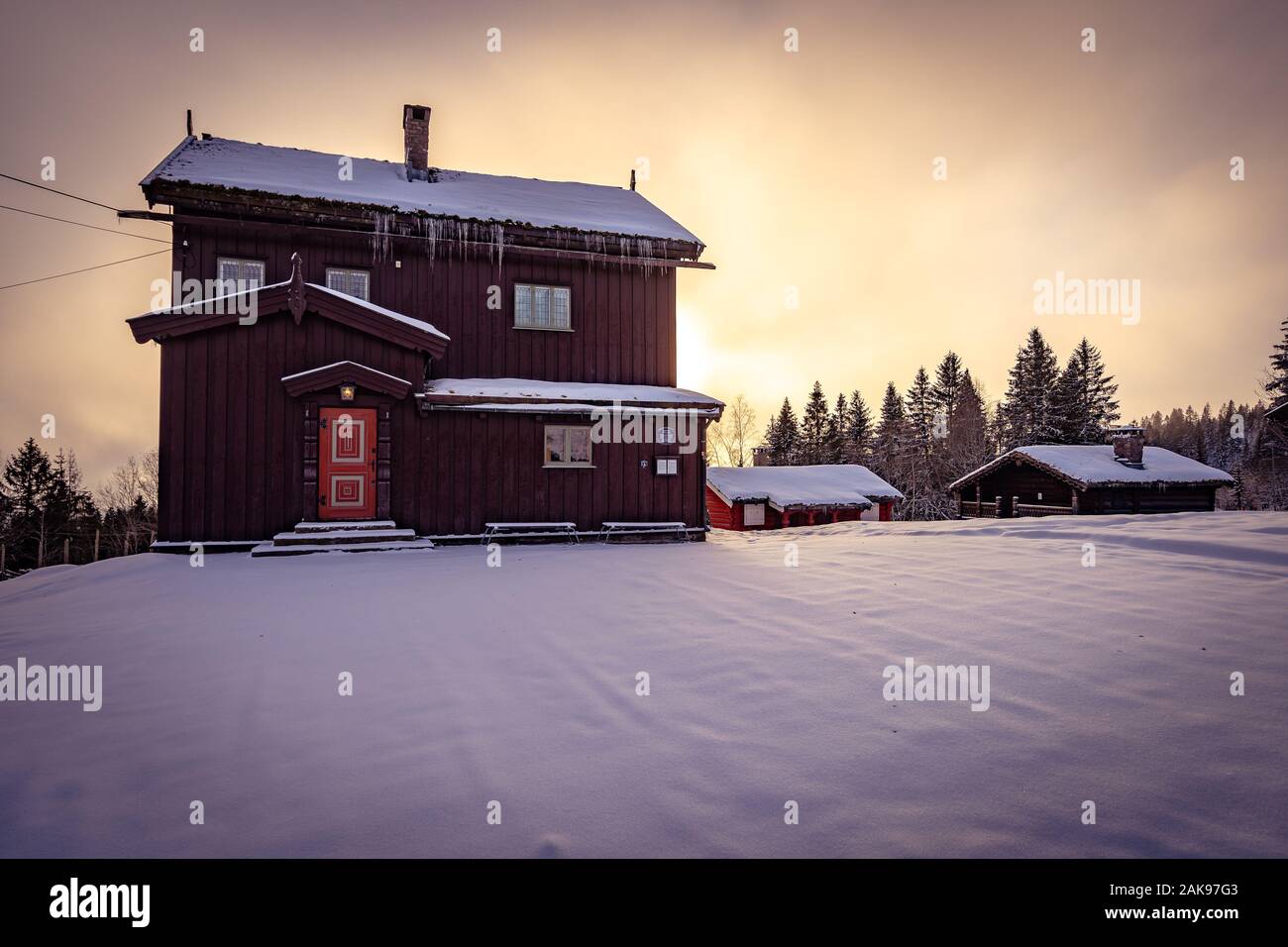 Oslo, Norway - Wooden cabins in the mountains Stock Photo