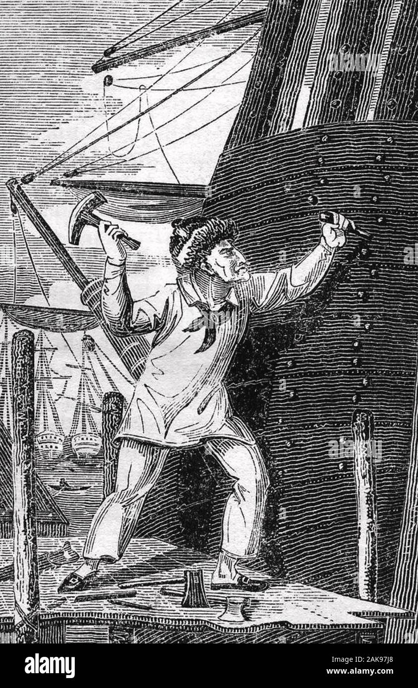 SHIPYARD WORKER hammering rivets on a wooden hulled sailing ship about 1860 Stock Photo