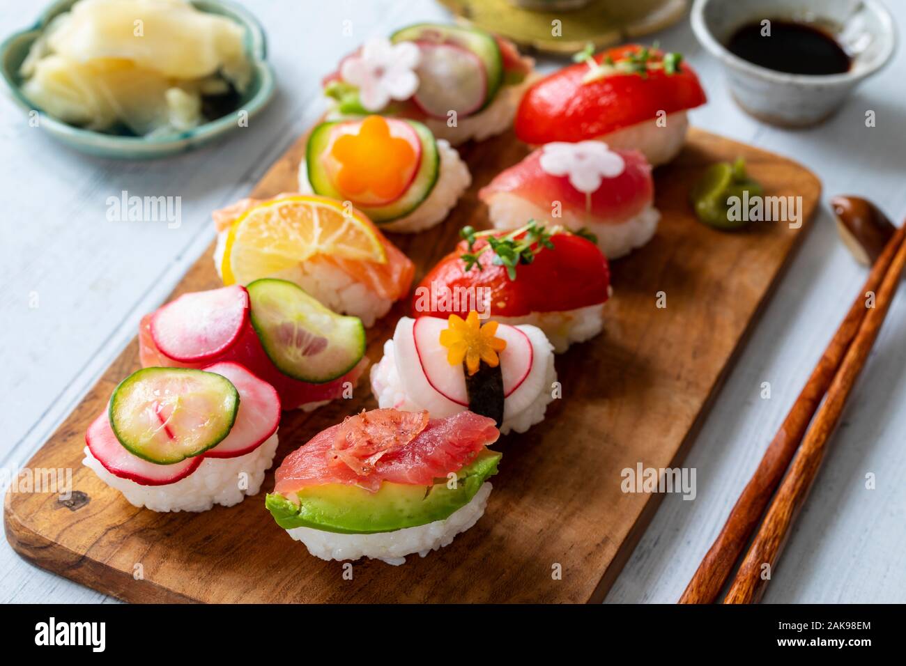 Nigiri sushi with salmon, tuna and vegetables Stock Photo