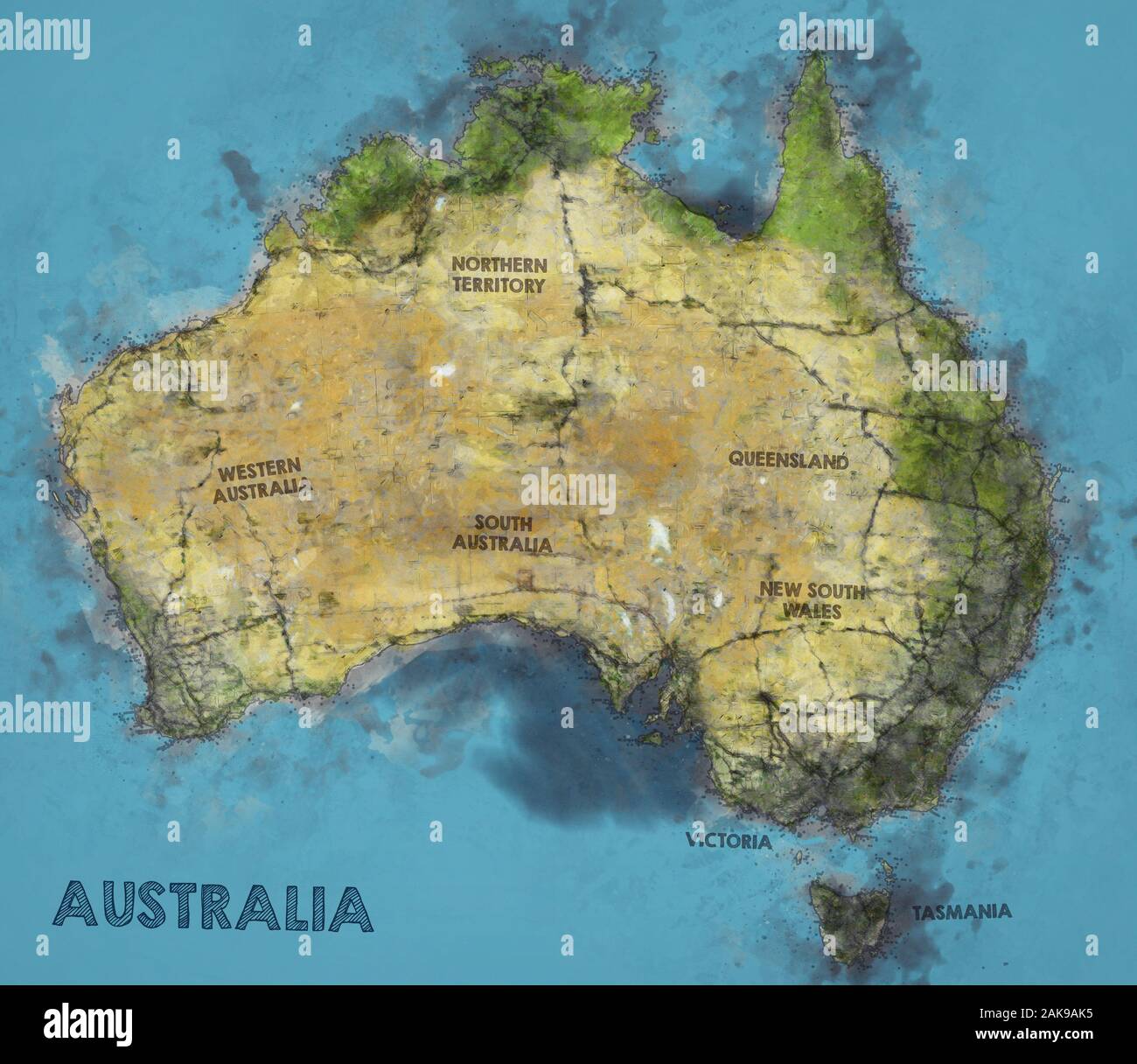 Watercolor Illustration of Australia Map with State Names Stock Photo ...