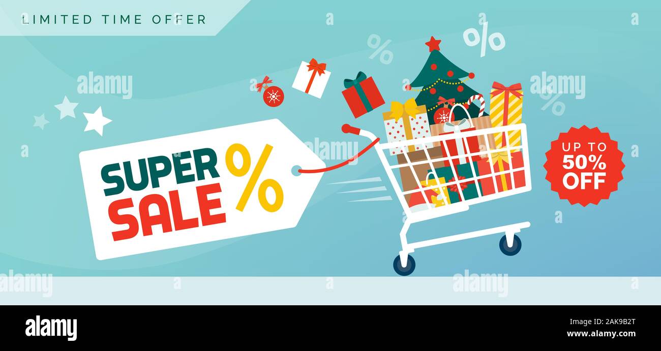 Christmas promotional sale banner: shopping cart filled with decorations, gifts and Christmas tree Stock Vector