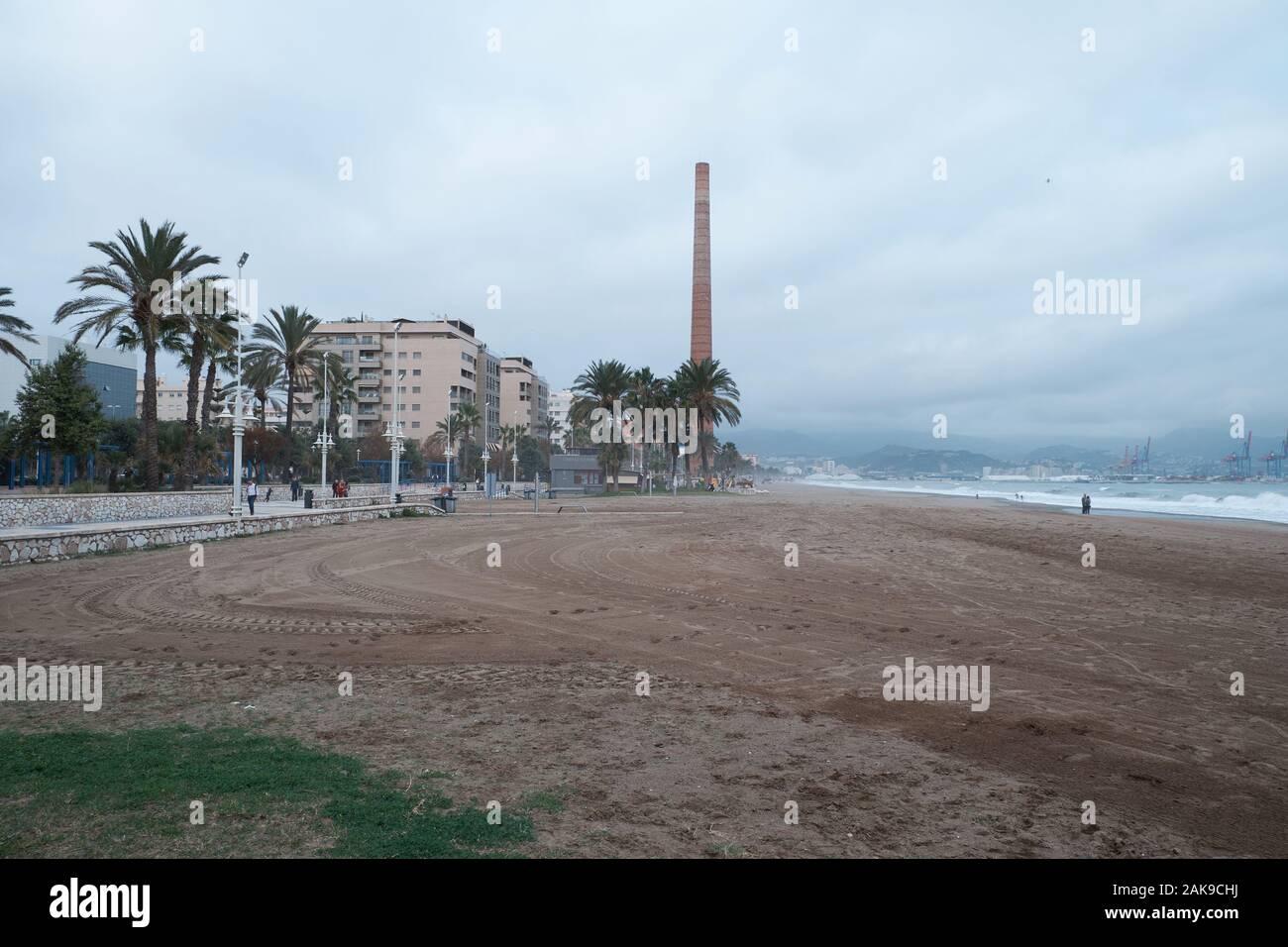 Misericordia beach - Monica´s chimney (Playa de la misericordia y chimenea Mónica). Málaga, Spain. Stock Photo